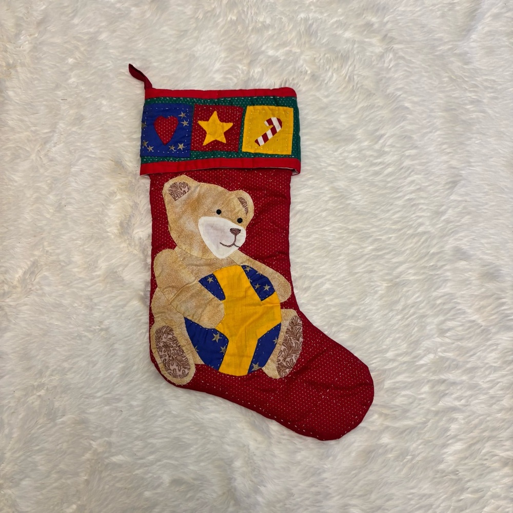 Vintage Fabric Patchwork Teddy Bear Holiday Candy Cane Christmas Stocking 14"